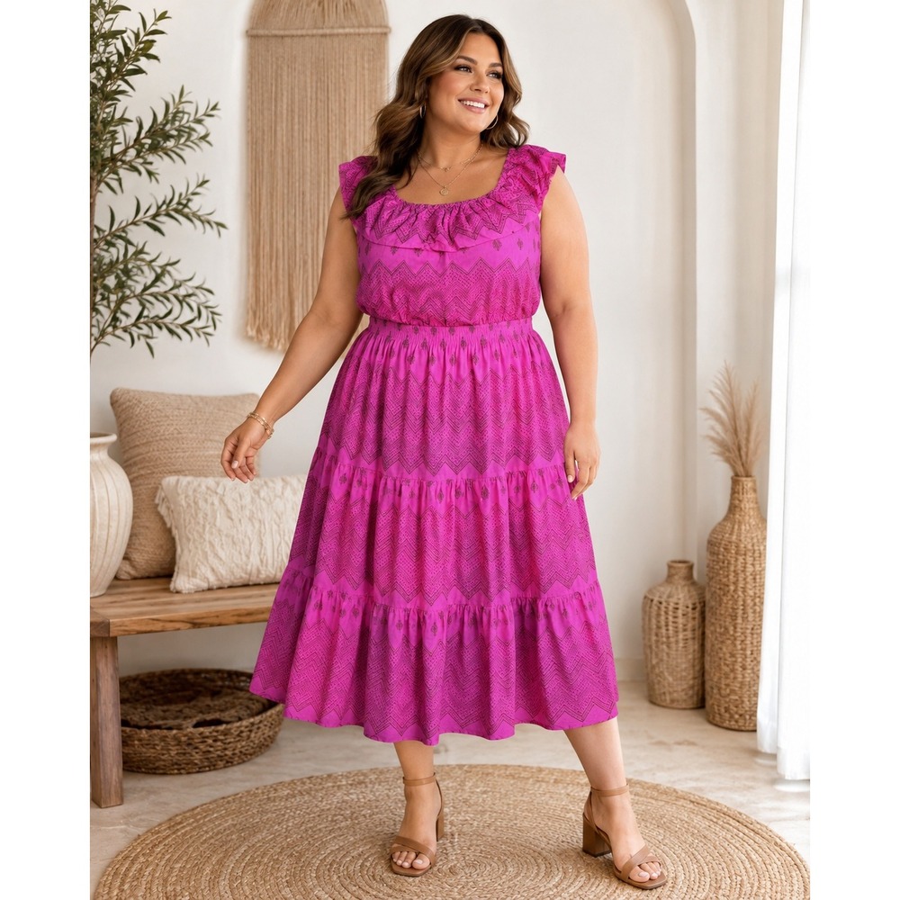 451. Boho Beach Destination 365 Pink Cotton Ruffle Tiered Midi Dress Size 1X